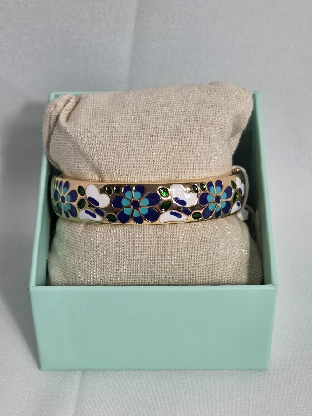 Piper K Gold Plated Blue White Floral Hand Painted Enamel Hinged Bangle Bracelet